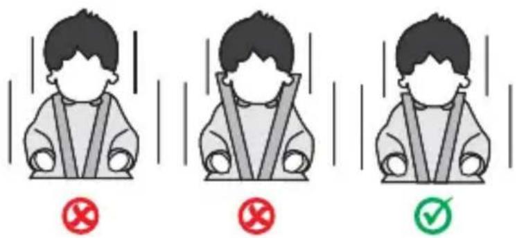 Three illustrated scenarios showing a person wearing a seatbelt with checkmarks indicating absence or compliance, each marked with a red X and green checkmark.