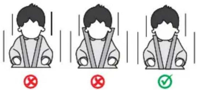 Three illustrated scenarios showing a person wearing a seatbelt with red and green checkmarks indicating incorrect or correct actions.