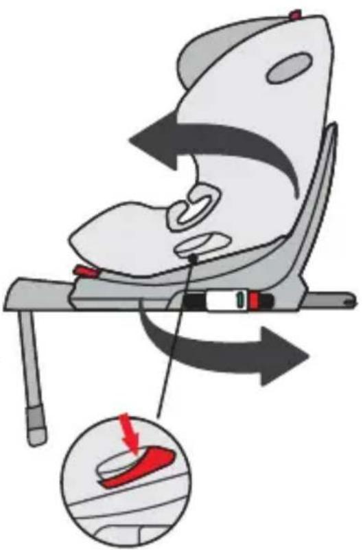 Diagram illustrating car seat seating and seatbelt usage, showing directional arrows and a magnified inset highlighting the seatbelt component.