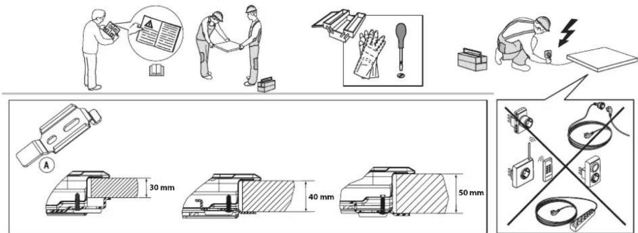 Technical diagram illustrating electrical circuitry and safety equipment installation, including lighting, circuit breakers, and safety tools with dimensional annotations.