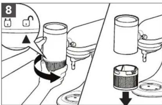 Diagram illustrating a mechanical assembly or cleaning process with labeled parts and directional arrows indicating motion.