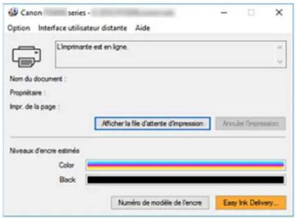 Canon series Option Interface utilisateur distante Aide L'imprimante est en ligne. Nom du document : Propriétaire : Impr. de la page : Afficher la file d'attente d'impression Annuler l'impression Niveaux d'encre estimés Color Black Numéro de modèle de l'encre Easy Ink Delivery...