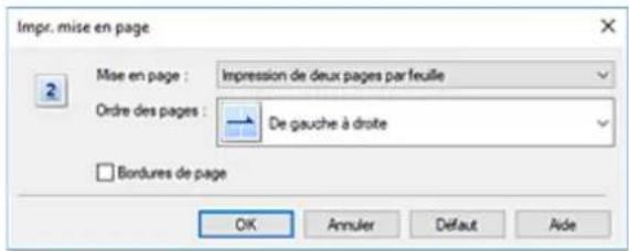Impr. mise en page Mise en page : Impression de deux pages par feuille Ordre des pages : De gauche à droite Bordures de page OK Annuler DÉFAUT Aide
