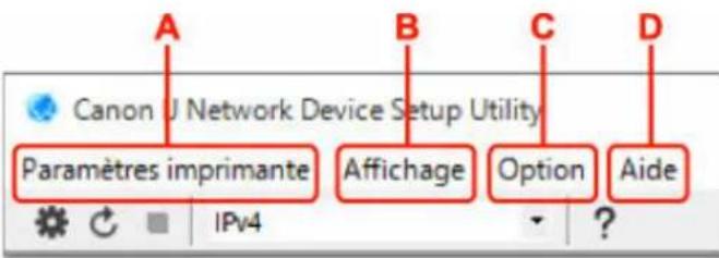 Canon J Network Device Setup Utility Paramètres imprimante Affichage Option Aide
