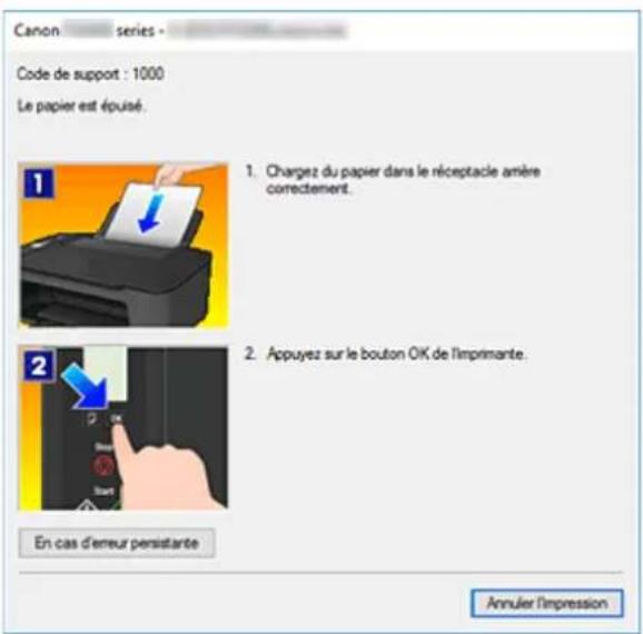 Canon series Code de support : 1000 Le papier est épuisé. 1. Chargez du papier dans le réceptacle amère correctement. 2. Appuyez sur le bouton OK de l'imprimante. En cas d'erreur persistante Annuler l'impression