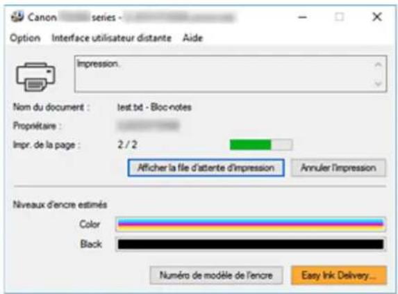 Canon series - Option Interface utilisateur distante Aide Impression. Nom du document : l'est.be - Bloc-notes Propriétaire : Impr. de la page : 2 / 2 Afficher la file d'attente d'impression Annuler l'impression Niveaux d'encre estimés Color Black Numéro de modèle de l'encre Easy Ink Delivery...