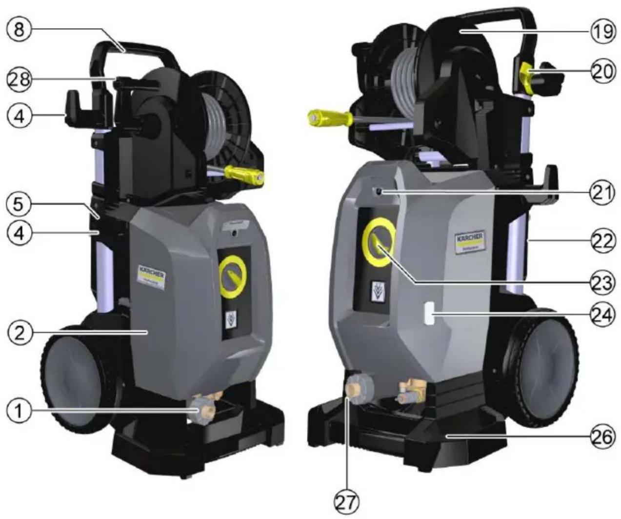 Technical diagram of two KARCHER water purifier machines with numbered components for identification.