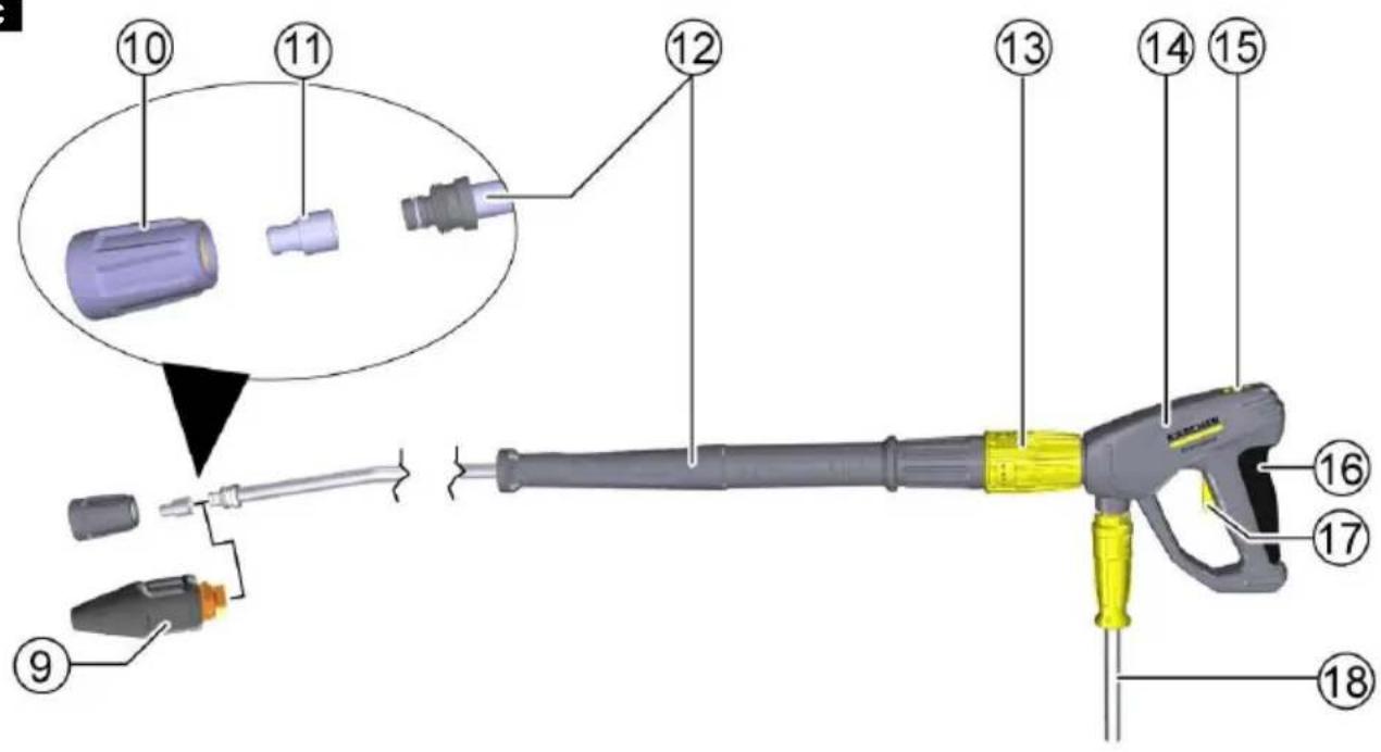 Labeled diagram of a water spray gun with numbered parts for identification