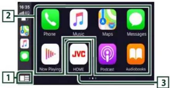 JVC KWM875BW - Boutons de commande et localisations disponibles sur ran d'accueil de Apple Play - 1