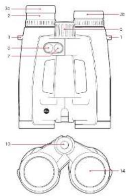 Technical diagram of binoculars with numbered parts and labeled parts for educational purposes
