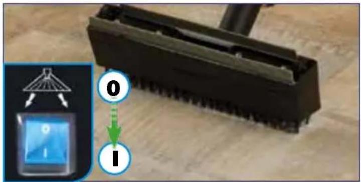 Diagram showing a cleaning or cleaning device with labeled parts and an inset image of a blue rectangular object with 'I' and '0' annotations.