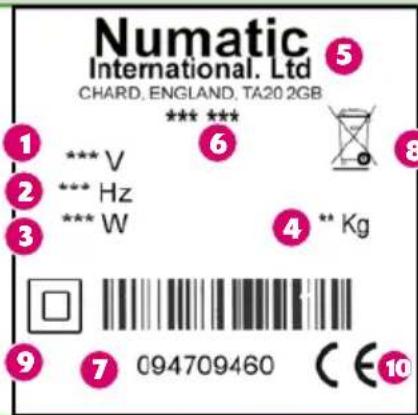 Numatic International. Ltd CHARD, ENGLAND, TA20 2GB 1 *** V 2 *** Hz 3 *** W 4 ** Kg 9 7 094709460 C E 10