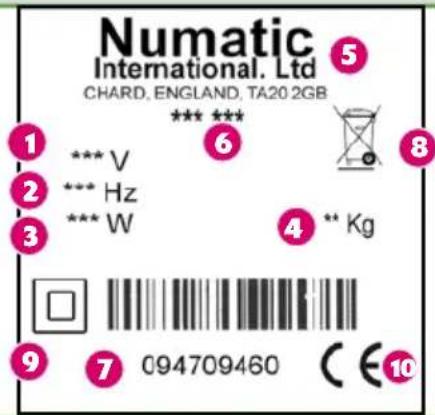 Numatic International. Ltd CHARD, ENGLAND, TA20 2GB 1 *** V 2 *** Hz 3 *** W 4 ** Kg 9 7 094709460 C E 10