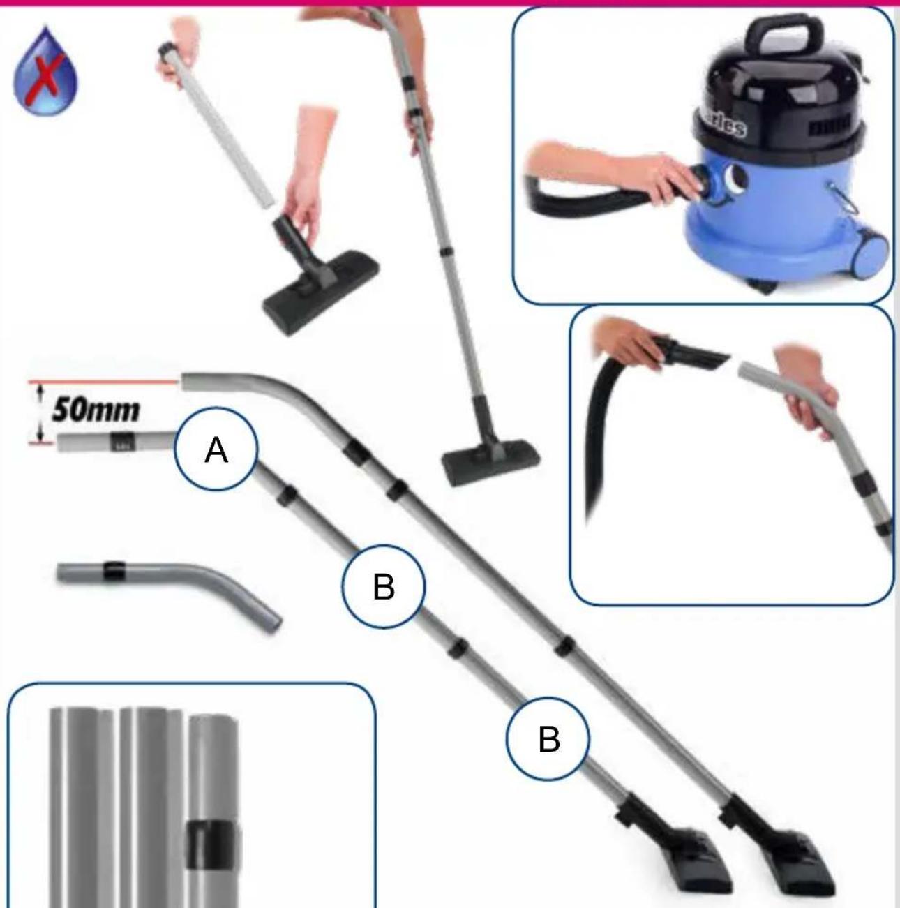 Illustration showing a vacuum cleaner's cleaning process with labeled parts A and B, including a water drop icon and close-up of the device.