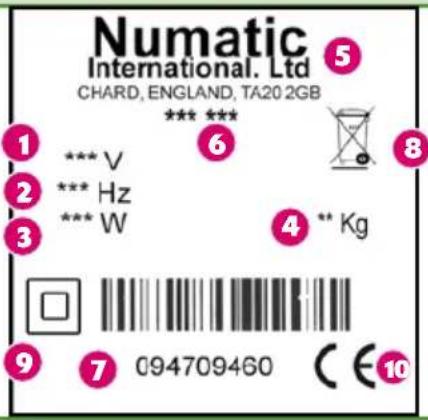 Numatic International. Ltd CHARD, ENGLAND, TA20 2GB *** *** 1 *** V 2 *** Hz 3 *** W 4 ** Kg 9 7 094709460 C E 10