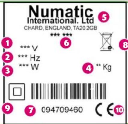 Numatic International. Ltd CHARD, ENGLAND, TA20 2GB *** *** 1 *** V 2 *** Hz 3 *** W 4 ** Kg 9 7 094709460 C €10