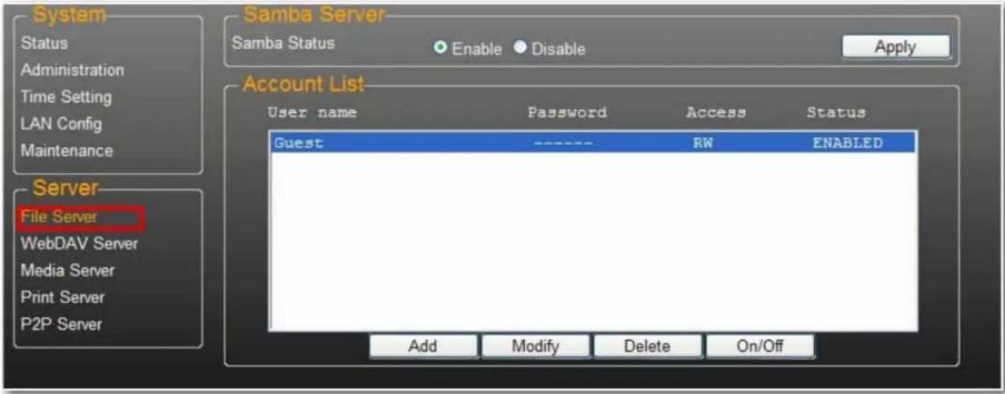 System Status Administration Time Setting LAN Config Maintenance Samba Server Samba Status Enable Disable Apply Account List User name Password Access Status Guest ---- RW ENABLED Server File Server WebDAV Server Media Server Print Server P2P Server Add Modify Delete On/Off