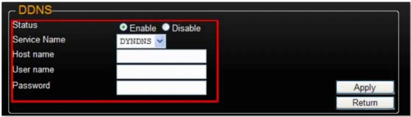 DDNS Status Enable Disable Service Name DYNDNS Host name User name Password Apply Return