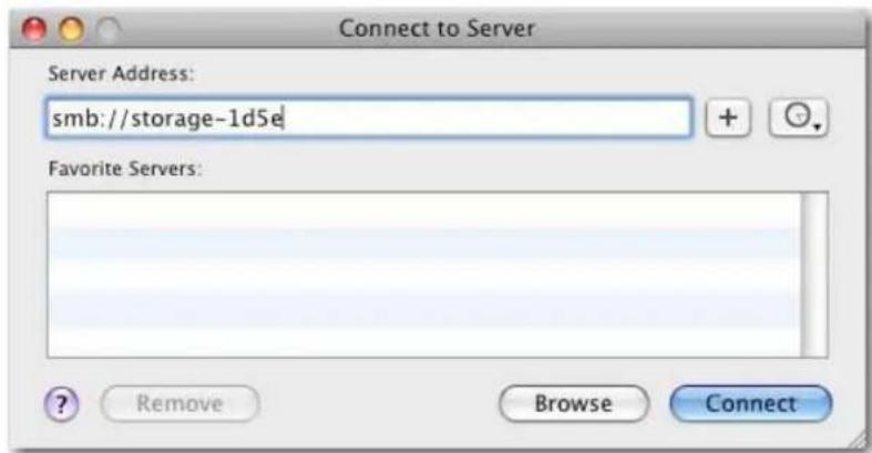 Connect to Server Server Address: smb://storage-1d5e Favorite Servers: ? Remove Browse Connect