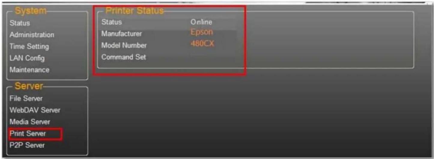 System Status Administration Time Setting LAN Config Maintenance Printer Status Status Online Manufacturer Epson Model Number 480CX Command Set Server File Server WebDAV Server Media Server Print Server P2P Server