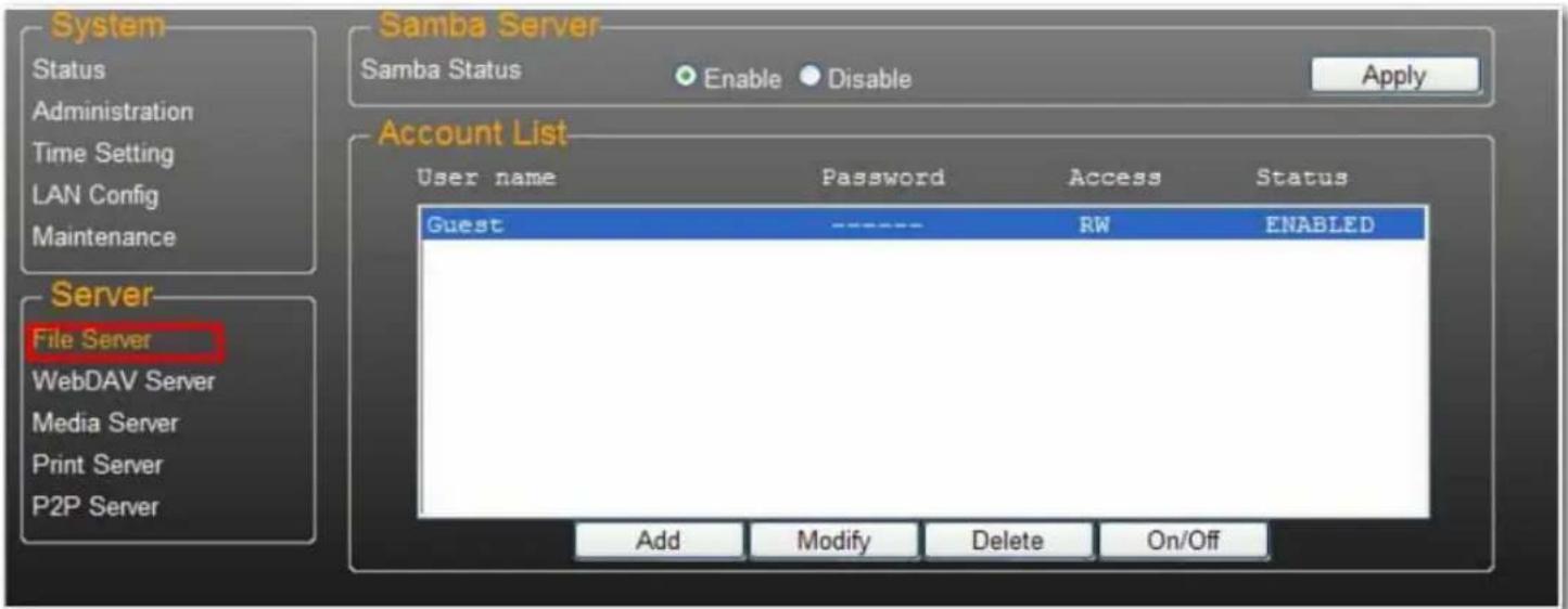 System Status Administration Time Setting LAN Config Maintenance Samba Server Samba Status Enable Disable Apply Account List User name Password Access Status Guest ---- RW ENABLED Server File Server WebDAV Server Media Server Print Server P2P Server Add Modify Delete On/Off