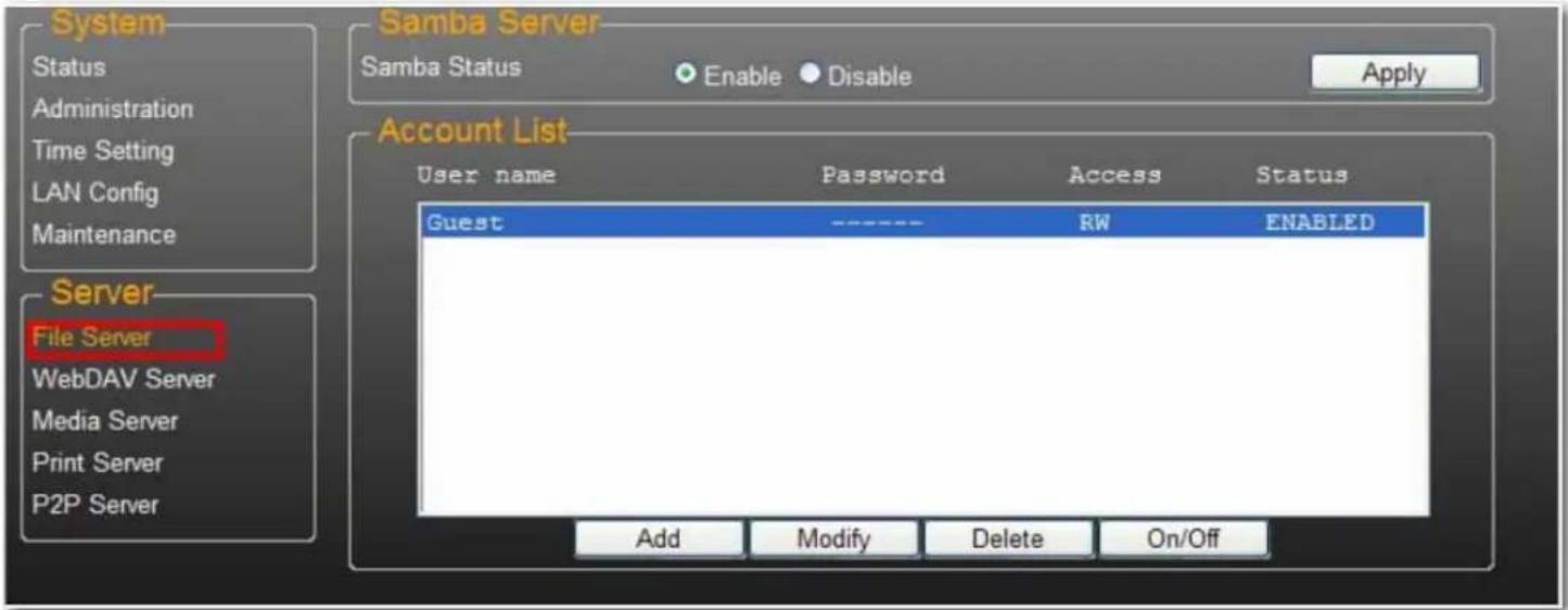 System Status Administration Time Setting LAN Config Maintenance Samba Server Samba Status Enable Disable Apply Account List User name Password Access Status Guest ---- RW ENABLED Server File Server WebDAV Server Media Server Print Server P2P Server Add Modify Delete On/Off