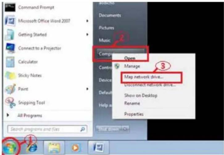 Command Prompt Microsoft Office Word 2007 Getting Started Connect to a Projector Calculator Sticky Notes Paint Snipping Tool All Programs Search programs and files Documents Pictures Music Compl Open Control Manage 3 Device Map network drive... Disconnect network drive... Default Show on Desktop Help as Rename Properties