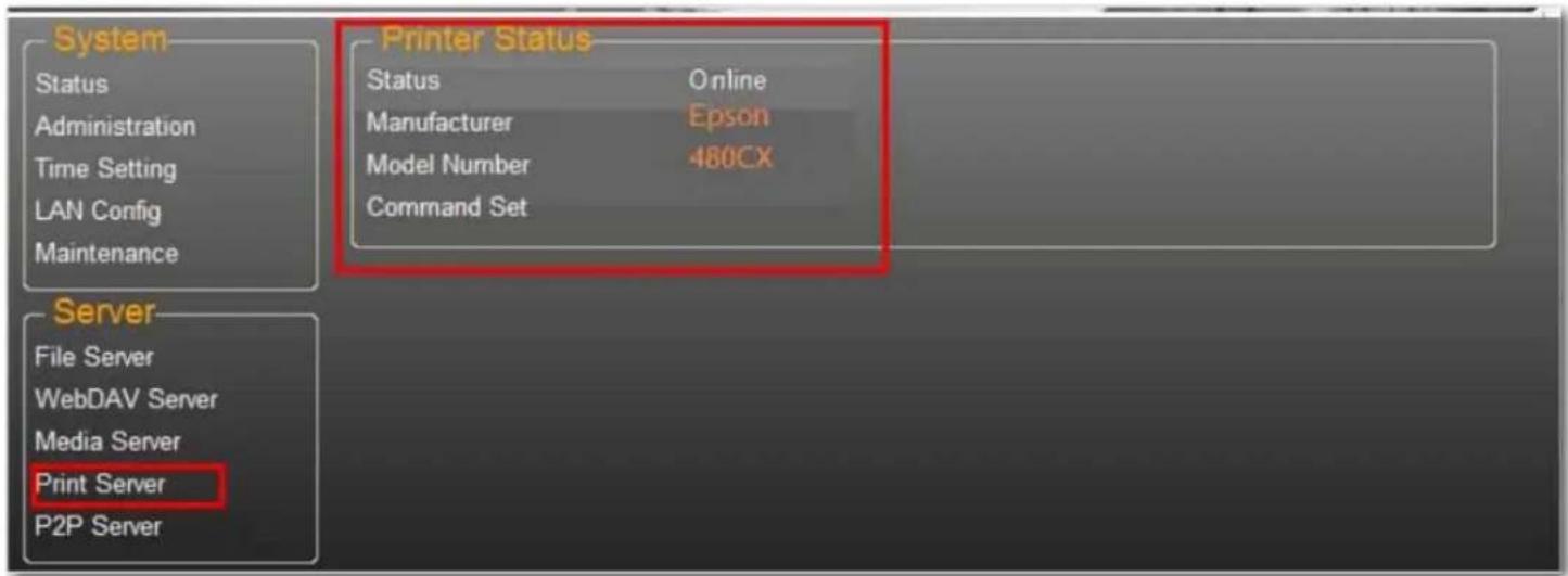 System Status Administration Time Setting LAN Config Maintenance Printer Status Status Online Manufacturer Epson Model Number 480CX Command Set Server File Server WebDAV Server Media Server Print Server P2P Server