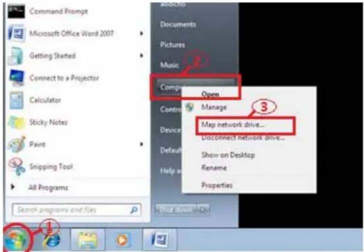 Command Prompt Microsoft Office Word 2007 Getting Started Connect to a Projector Calculator Sticky Notes Paint Snipping Tool All Programs Search programs and files Documents Pictures Music Compt Open Manage 3 Device Map network drive... Disconnect network drive... Default Show on Desktop Help as Rename Properties