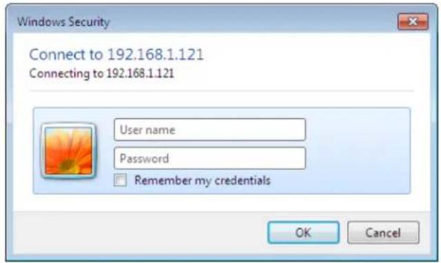 Windows Security Connect to 192.168.1.121 Connecting to 192.168.1.121 User name Password Remember my credentials OK Cancel