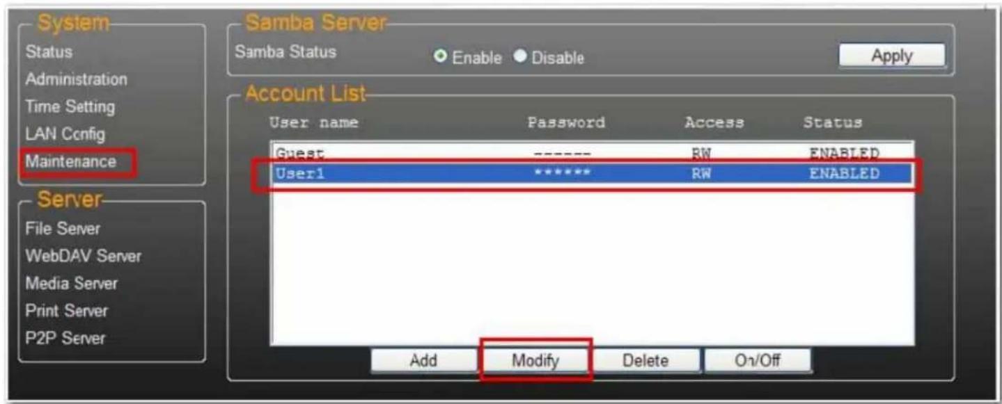 System Status Administration Time Setting LAN Config Maintenance Samba Server Samba Status Enable Disable Apply Account List User name Password Access Status Guest ---- RW ENABLED User1 ***** RW ENABLED Server File Server WebDAV Server Media Server Print Server P2P Server Add Modify Delete On/Off
