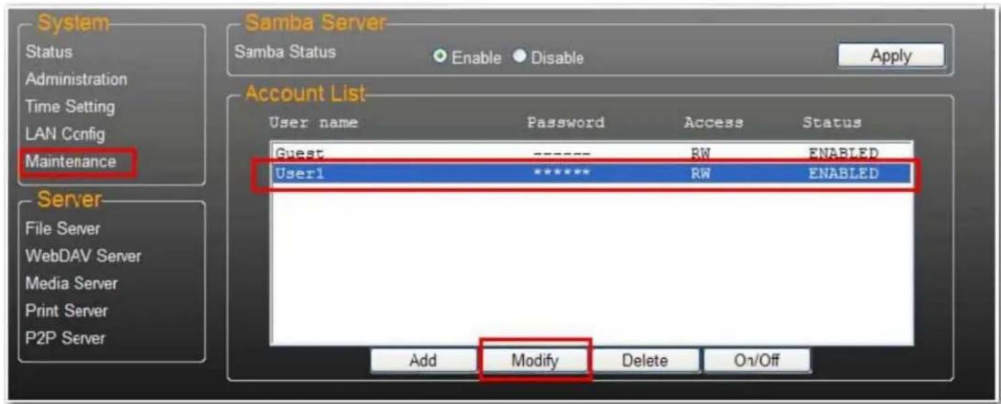 System Status Administration Time Setting LAN Config Maintenance Samba Server Samba Status Enable Disable Apply Account List User name Password Access Status Guest ---- RW ENABLED User1 ***** RW ENABLED Server File Server WebDAV Server Media Server Print Server P2P Server Add Modify Delete On/Off