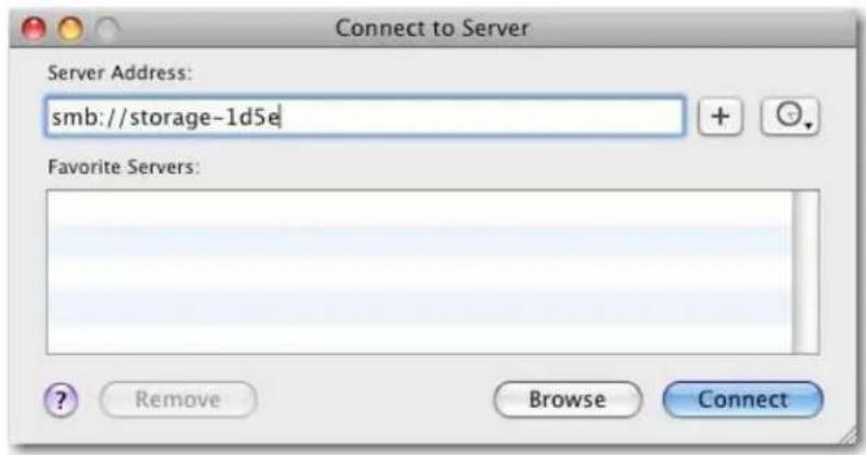 Connect to Server Server Address: smb://storage-1d5e + Favorite Servers: ? Remove Browse Connect