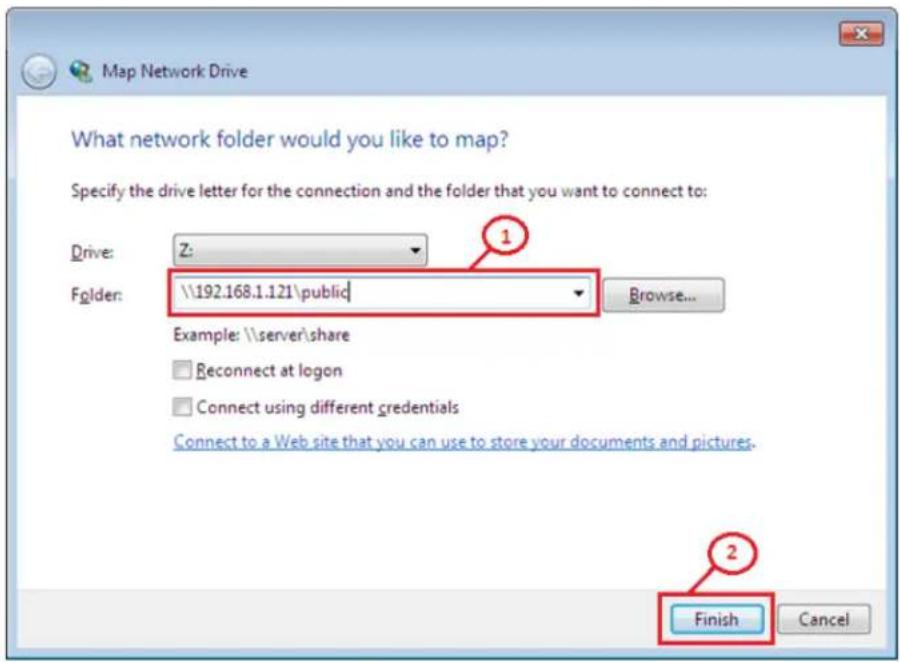 Map Network Drive What network folder would you like to map? Specify the drive letter for the connection and the folder that you want to connect to: Drive: Z: 1 Folder: \\192.168.1.121\public\ Browse... Example: \\server\share Reconnect at logon Connect using different credentials Connect to a Web site that you can use to store your documents and pictures. Finish Cancel