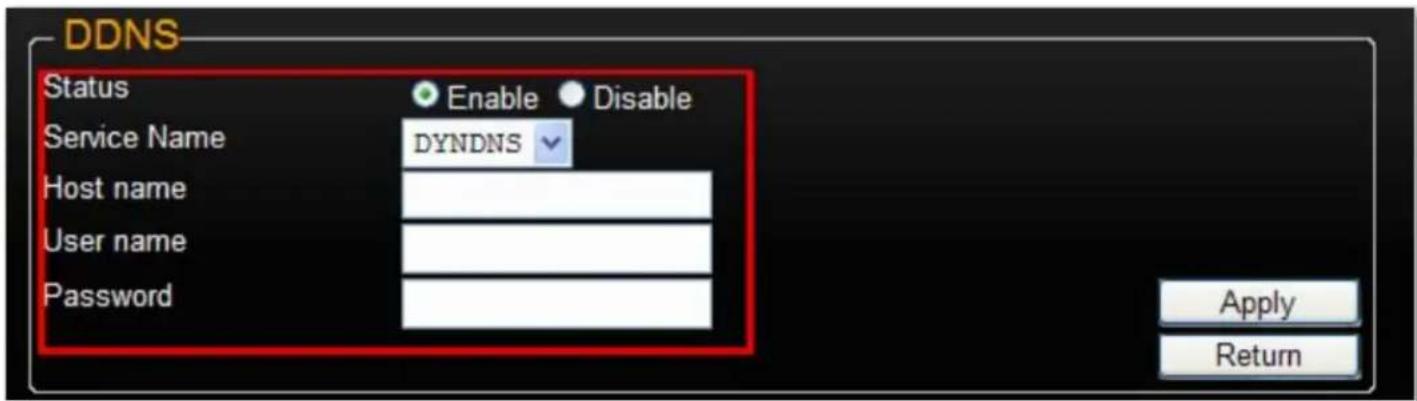 DDNS Status Enable Disable Service Name DYNDNS Host name User name Password Apply Return