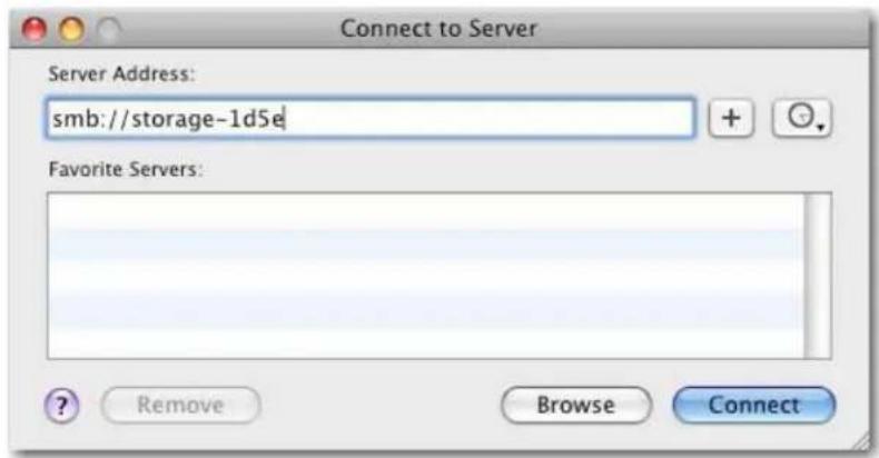 Connect to Server Server Address: smb://storage-1d5e + Favorite Servers: ? Remove Browse Connect