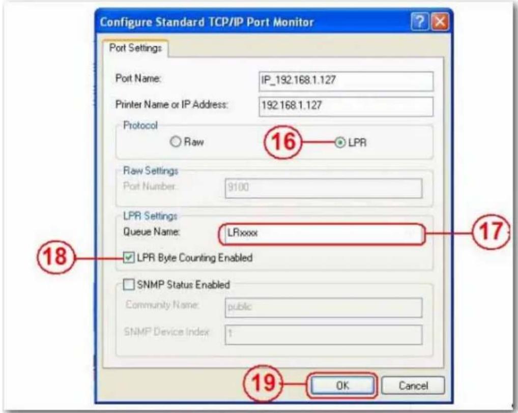 Configure Standard TCP/IP Port Monitor Port Settings Port Name: IP_192.168.1.127 Printer Name or IP Address: 192.168.1.127 Protocol Raw 16 LPR Raw Settings Port Number: 9100 LPR Settings Queue Name: LRxxxx LPR Byte Counting Enabled SNMP Status Enabled Community Name: public SNMP Device Index: 1 19 OK Cancel
