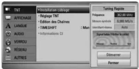 TNT AFFRICHAGE LANGUE AUDIO VERROU RÉSEAU AUTRES • Installation cableage • Réglage TNT • Edition des Chaines • TIMESHIFT : Man • Informations CI Tuning Rapide Fréquence 362.00 MHz Measure crystals 6,900 MS/s Identifant réseau Auto Signat telles (Véter locable) Maxim Temp Max Démarrer Fermer
