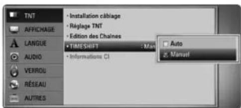 TNT AFFRICHAGE LANGUE AUDIO VEIRROU RÉSEAU AUTRES • Installation câblage • Réglage TNT • Edition des Chaines • TIMEShift : Man • Informations CI Auto Manuel