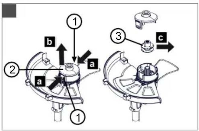 Technical diagram of a mechanical device with labeled parts and directional arrows indicating assembly or motion.