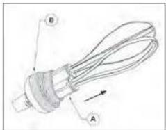 Technical diagram of a mechanical component with labeled parts A and B, showing internal structure and directional arrow.