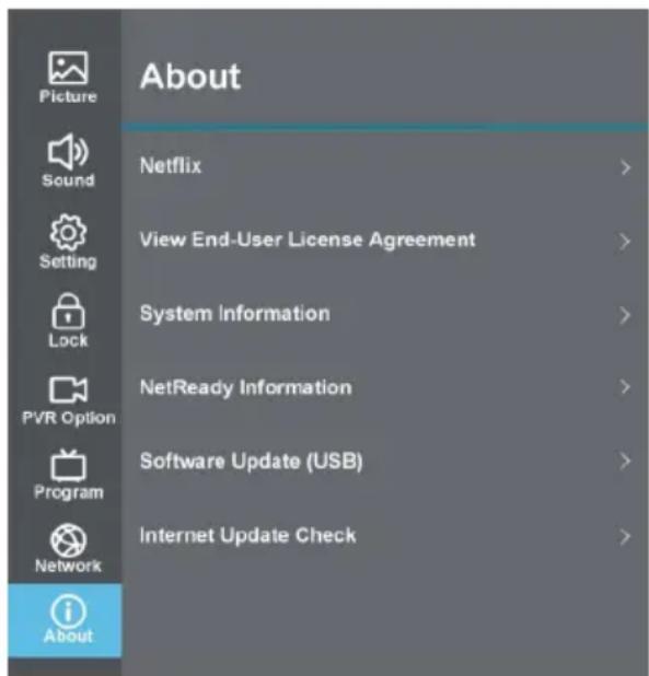 Picture Sound Setting Lock PVR Option Program Network About About Netflix View End-User License Agreement System Information NetReady Information Software Update (USB) Internet Update Check