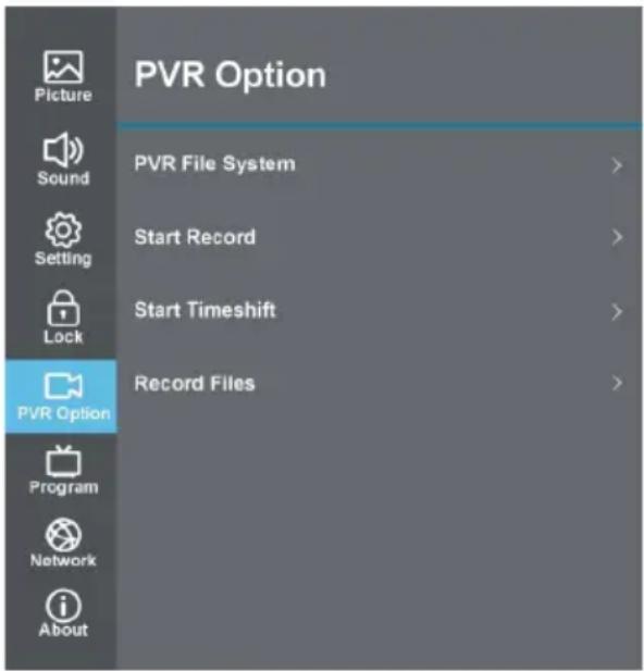 PVR Option Picture Sound Setting Lock PVR Option Program Network About PVR File System Start Record Start Timeshift Record Files