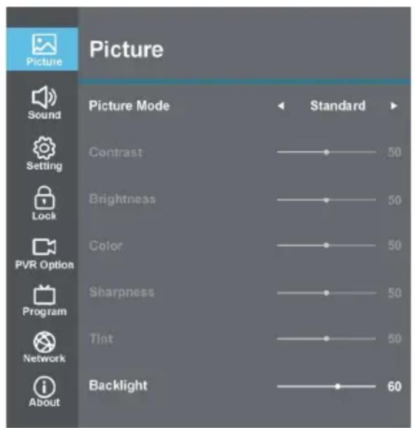 Picture Sound Setting Lock PVR Option Program Network About Picture Mode Standard Contrast 50 Brightness 50 Color 50 Sharpness 50 Tint 50 Backlight 60