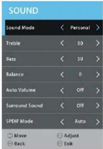 SOUND Sound Mode < Personal > Treble < 50 > Bass < 50 > Balance < 0 > Auto Volume < Off > Surround Sound < Off > SPDIF Mode < Auto > Move Adjust Back Exit