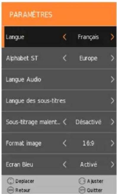PARAMÈTRES Langue < Français > Alphabet ST < Europe > Langue Audio > Langue des sous-titres > Sous-titrage malent_ < Désactivé > Format image < 16:9 > Ecran Bleu < Activé > Deplacer Ajuster Retour Quitter