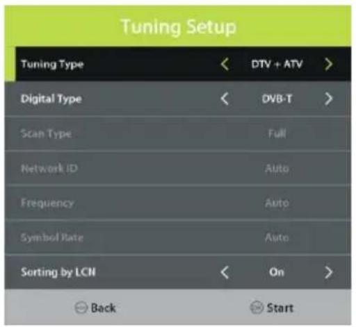 Tuning Setup Tuning Type < DTV + ATV > Digital Type < DVB-T > Scan Type Full Network ID Auto Frequency Auto Symbol Rate Auto Sorting by LCN < On > Back Start