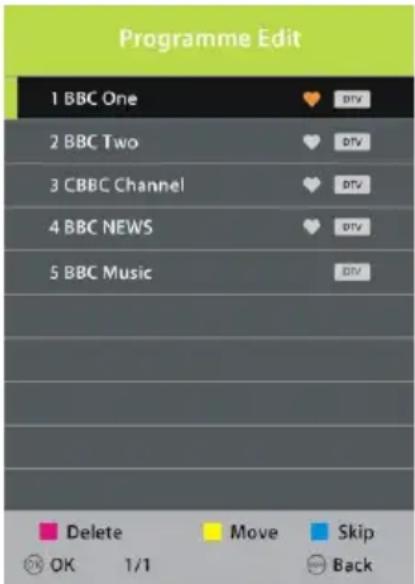 Programme Edit 1 BBC One ♥ DV 2 BBC Two ♥ DV 3 CBBC Channel ♥ DV 4 BBC NEWS ♥ DV 5 BBC Music DV Delete Move Skip OK 1/1 Back