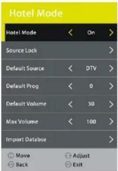 Hotel Mode Hotel Mode < On > Source Lock > Default Source < DTV > Default Prog < 0 > Default Volume < 30 > Max Volume < 100 > Import Database > Move Adjust Back Exit