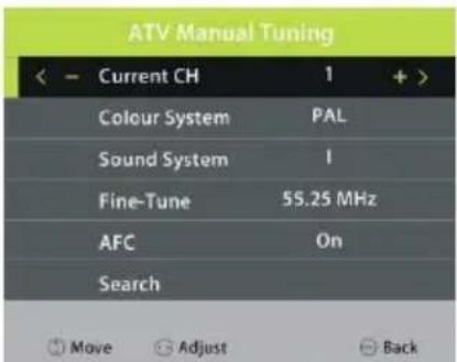 ATV Manual Tuning < - Current CH 1 + > Colour System PAL Sound System I Fine-Tune 55.25 MHz AFC On Search Move Adjust Back